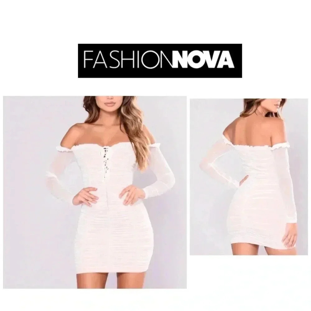 💥Fashion Nova Maura Mesh Off Shoulder White / Nude Dress L